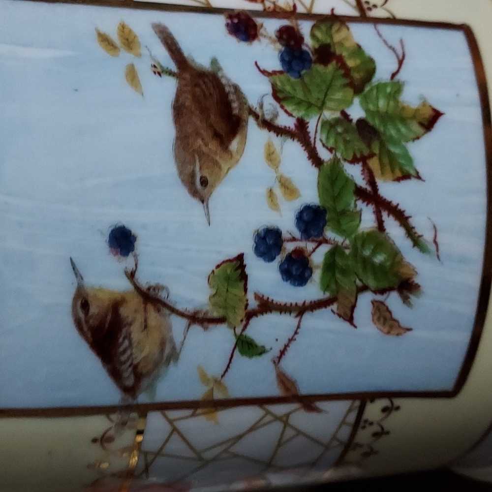 Cookie/Biscuit Jar Yellow/White/Gold w/picture of sparrows and blackberries - Picture 4 of 9
